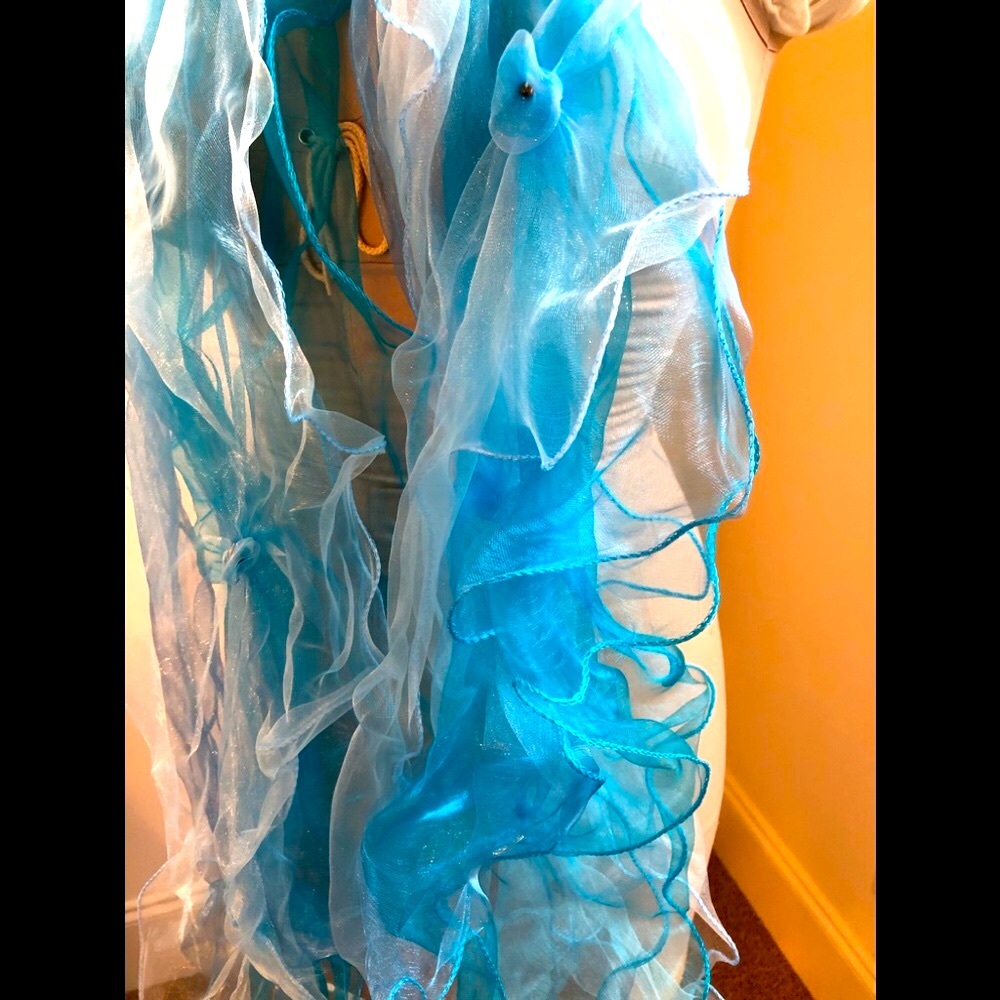 Boston Proper ruffle, sheer 4 layer scarf/shawl/wrap Floret turquoise white 7' L